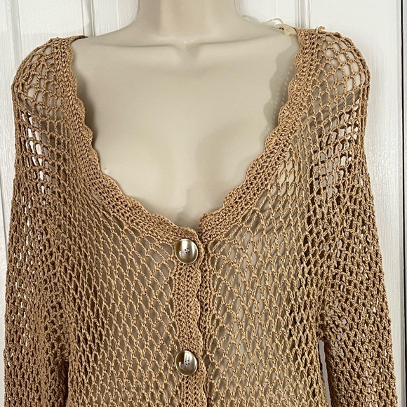 Jones New York Open Knit Cardigan Sweater Button Front Tan Neutral L/XL Boho - Picture 2 of 13